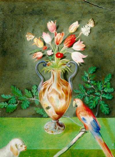Vase of Flowers, Parrot, and Lapdog by Unknown
